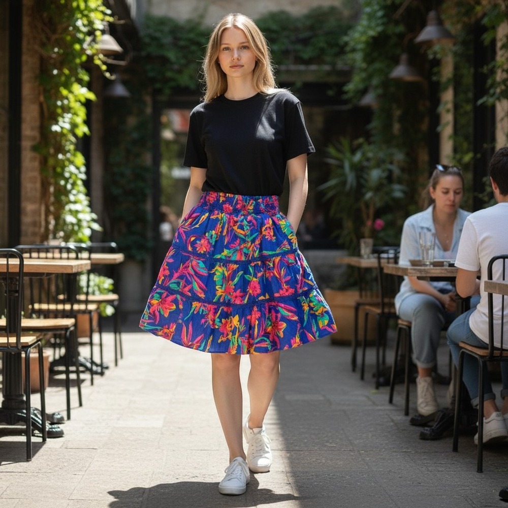 J.Crew Re-Imagined Tiered Mini Skirt Womens 2XS Blue Pink Cotton Floral Smocked